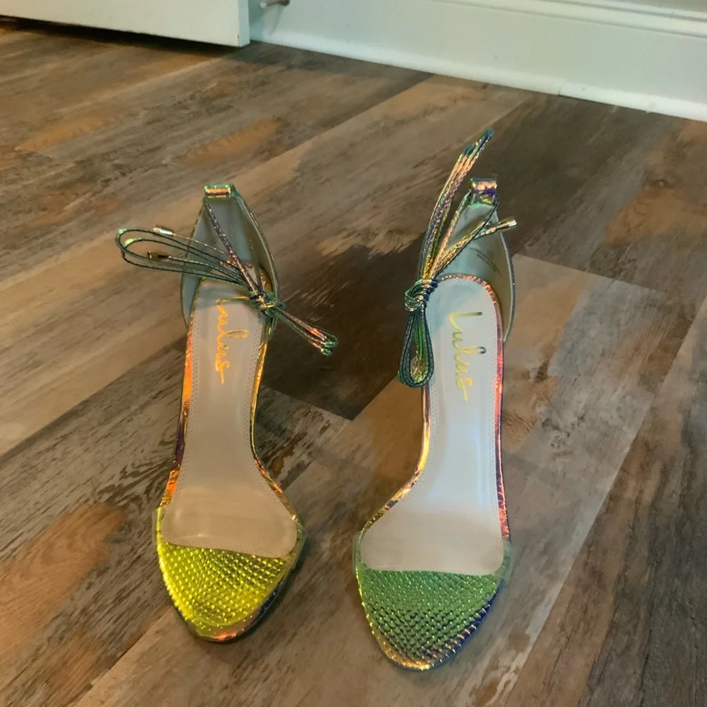 Lulu's Iridescent Aqua Lace-Up Stiletto Sandals Size 7.5
